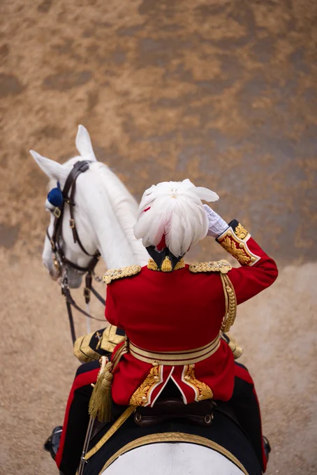 The major general sits on a grey horse while saluting the troops