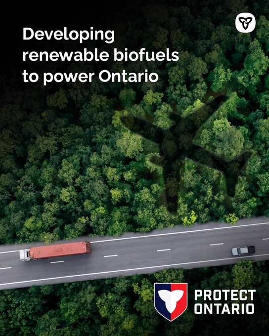 Developing renewable biofuels to power Ontario
Alt-text: A car and a truck on a road in a forest with a silhouette of an airplane overhead, with text that reads, “Developing renewable biofuels to power Ontario.” 
