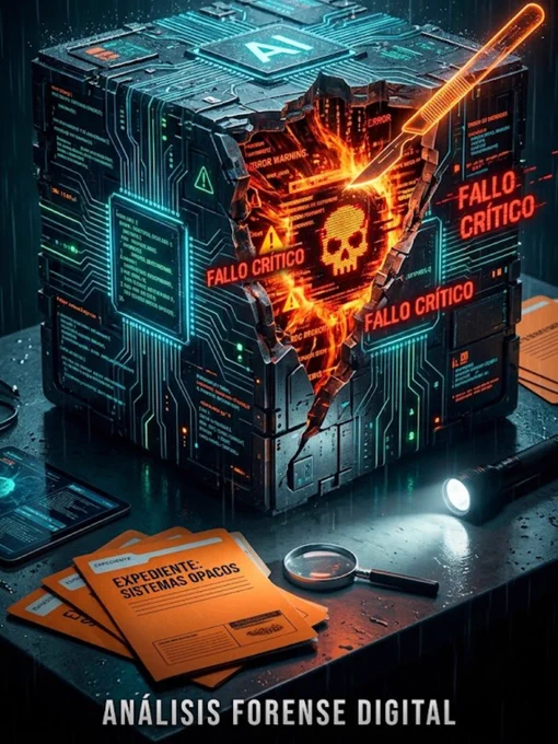 Vídeo cinemático de estética tech-noir que muestra el proceso de auditoría forense de una IA. Se observan analistas examinando documentos, servidores con fallos técnicos, un libro titulado 'LaAutopsia' y un androide caminando bajo la lluvia. El montaje destaca la detección de vulnerabilidades y fallos en sistemas complejos