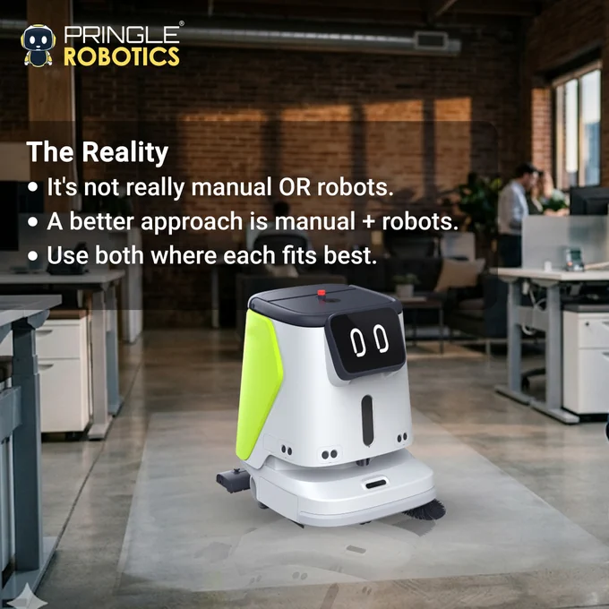 A Pringle Robotics branded cleaning robot in a modern office setting. Text emphasizes a combined manual and robotic approach to tasks.