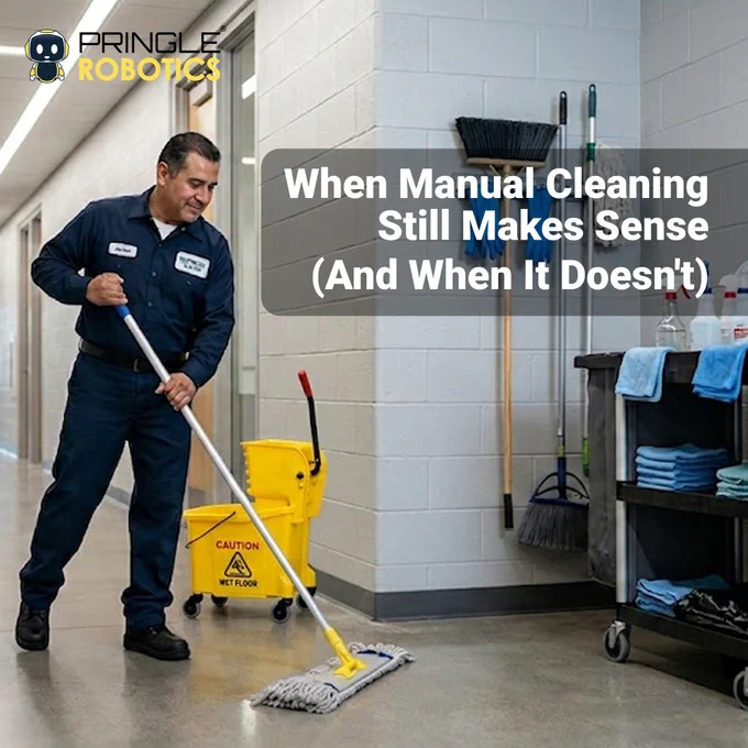 A janitor manually mops the hallway floor in a facility. A sign cautions against wet floor as cleaning supplies are visible nearby, showing a contrast to robotic cleaning technology.