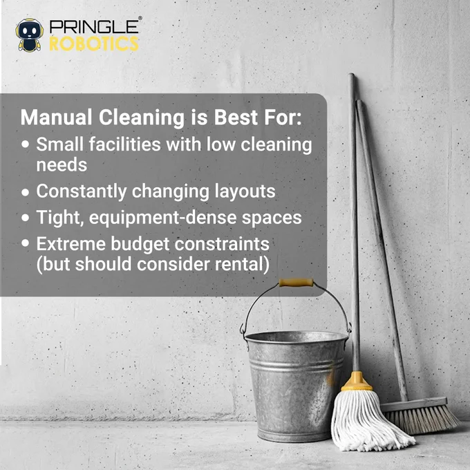 An informative image from Pringle Robotics about the benefits of manual cleaning in specific environments. The tone is straightforward and educational.