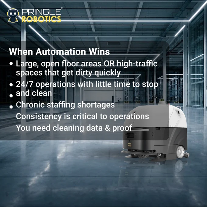 Image showcasing the benefits of automation in large, high-traffic areas. Features a cleaning robot in a spacious industrial setting.