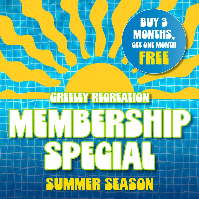 sunshine graphic promoting Greeley Recreation's summer membership special buy three months get one free