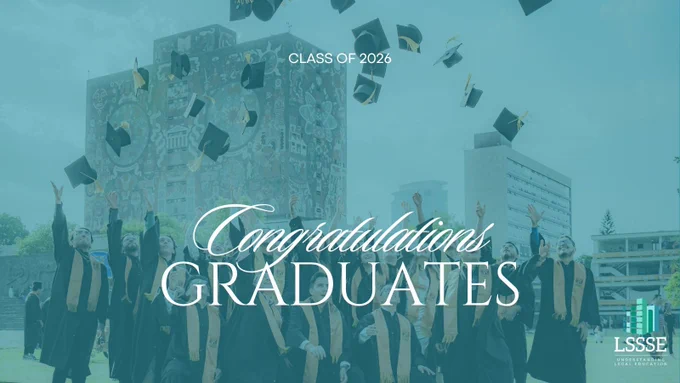 Transparent image of graduates celebrating with white text saying "Class of 2026" and "Congratulations graduates"; LSSSE logo in the bottom right corner
