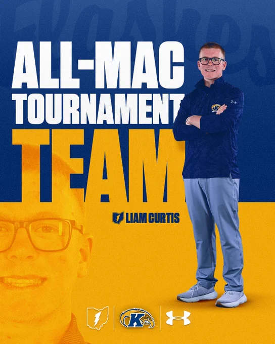 All-MAC Tournament Team announcement featuring a person standing in front of a blue and yellow background, wearing casual sportswear. Text includes "Liam Curtis." Logos for Kent State University, the Mid-American Conference, and Under Armour are present.
