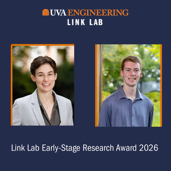 UVA Engineering Link Lab graphic with a dark blue background. Two professional headshots are shown side by side with orange borders, representing awardees Maria Cardei and Matthew Gunn. Text reads “Link Lab Early Stage Research Award 2026,” with Link Lab branding at the top.