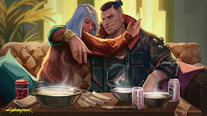 Digital artwork of Jackie Welles and Mama Welles from Cyberpunk 2077 on a couch. Jackie slings his arm around his mother's shoulders and grins. In front of them are bowls of steaming food. In the background, a golden light streams in and lights up both characters.