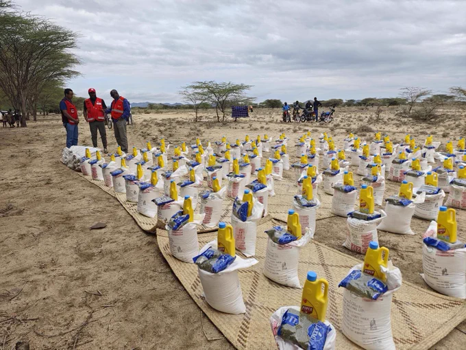 Rows of relief supplies, including large bags and yellow bottles, lined up on woven mats in a dry landscape with scattered trees. Three individuals wearing red vests are standing to the side.