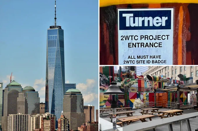 The image is a collage of three photos. The first shows the One World Trade Center against a blue sky. The second displays a Turner Construction sign indicating a 2WTC project entrance, requiring a site ID badge. The third features an outdoor seating area with vibrant murals on the surrounding walls.