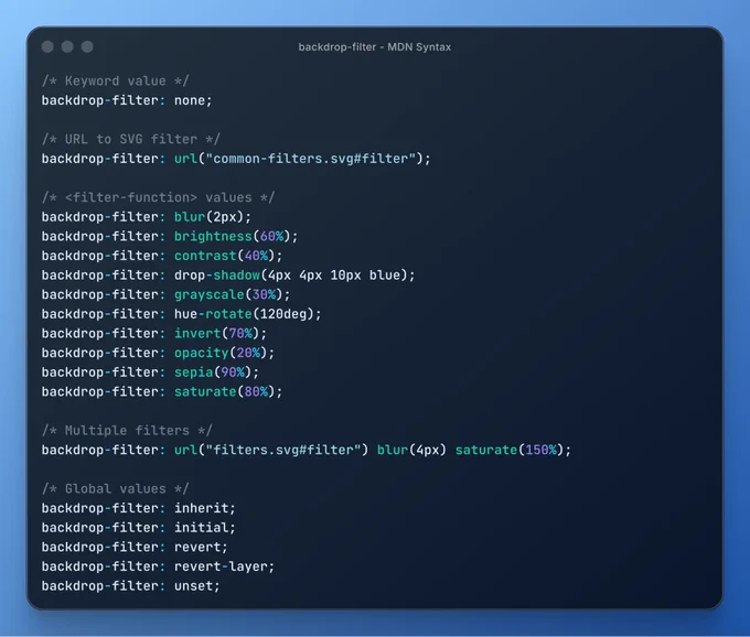 Code snippet showcasing various CSS `backdrop-filter` functions like blur, brightness, contrast, and saturation against a blue background.