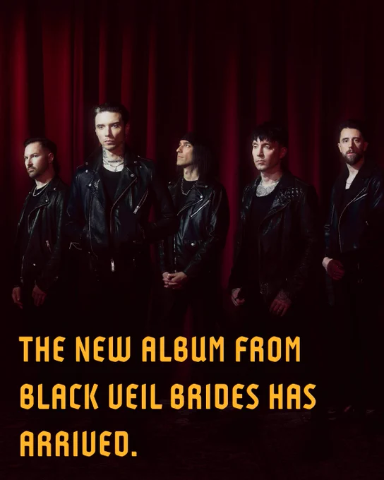 Five band members in black leather jackets stand against a dark red curtain backdrop promoting Black Veil Brides' new album.
