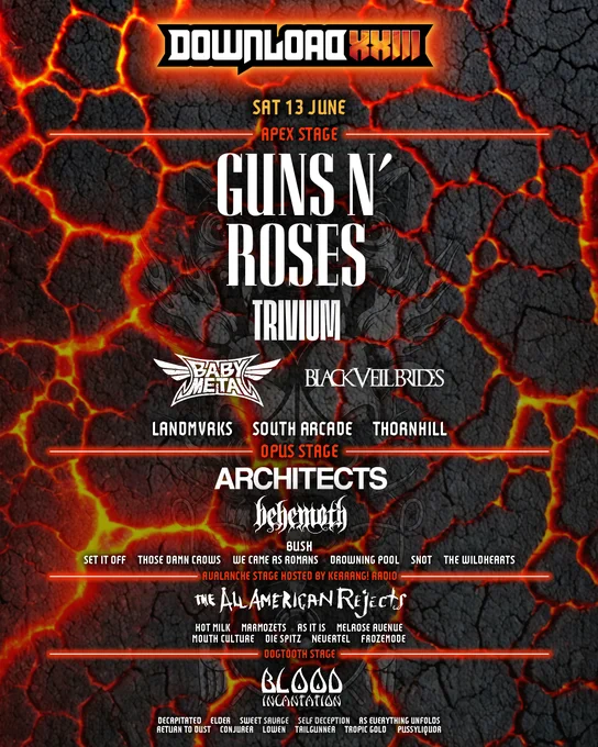 Download Festival poster for June 13 featuring Guns N' Roses, Trivium, and Baby Metal on a fiery cracked lava background.