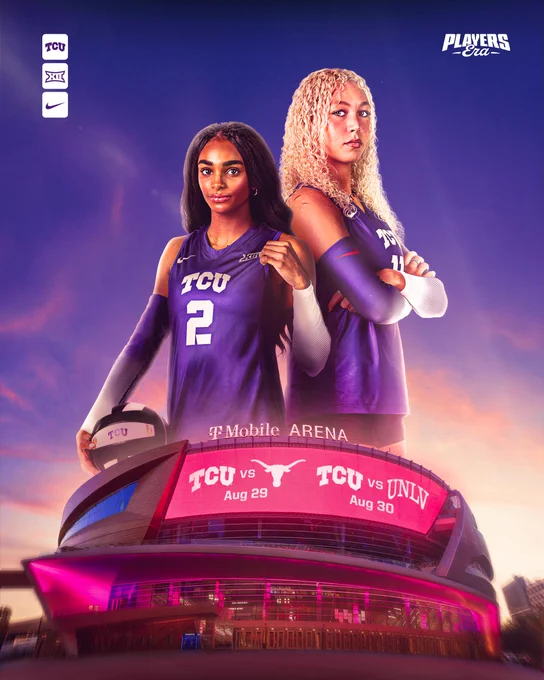 Graphic featuring TCU volleyball's Evan Hendrix and Becca Kelley promoting the Players Era Showcase in Las Vegas. The Frogs will play matches against Texas on Aug. 29 and UNLV on Aug. 30.
