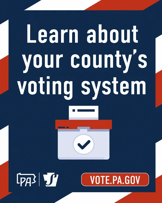 red,white, and blue striped border. Text: Learn about your county's voting system.