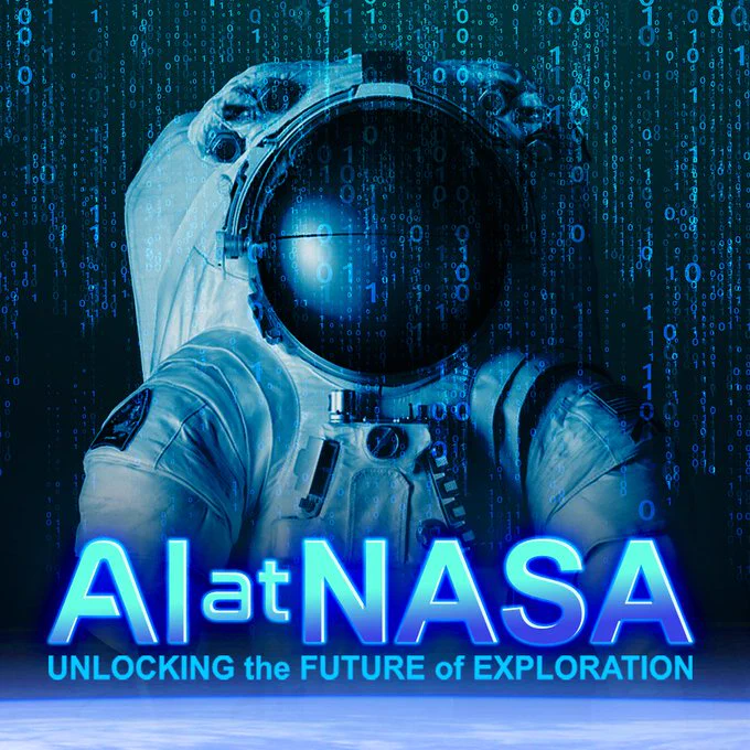 Binary code cascades in vertical lines around an astronaut in a bulky white spacesuit. At the bottom of the graphic is the title AI at NASA: Unlocking the Future of Exploration