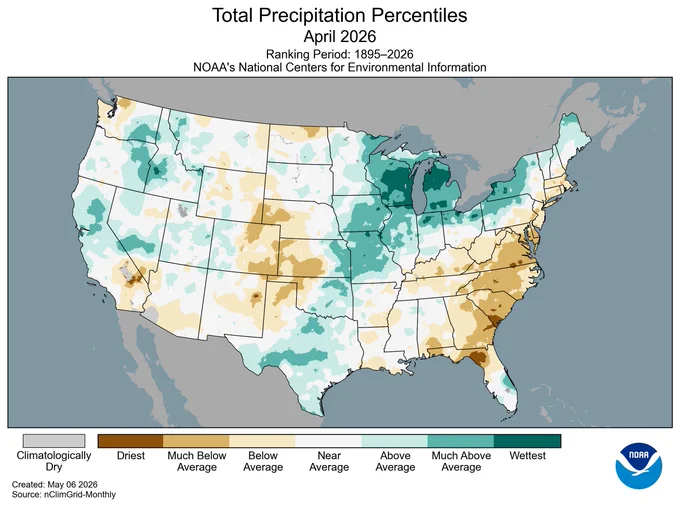 Map of the U.S. showing precipitation percentiles for April 2026 with wetter areas in gradients of green and drier areas in gradients of brown.