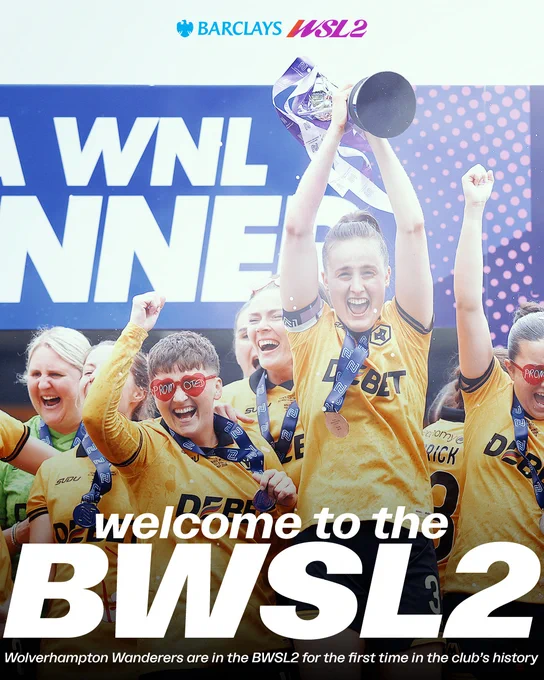 A vibrant graphic celebrating Wolverhampton Wanderers' historic first-time promotion to the BWSL2. The central focus is a player in the gold and black Wolves kit, laughing and screaming in delight as she hoists a trophy toward the sky. Around her, teammates join the celebration, including one player wearing red heart-shaped sunglasses with "Promoted" written on the lenses. The background features a large "WINNER" stadium banner, and the bottom of the graphic is anchored by the bold white text "welcome to the BWSL2."