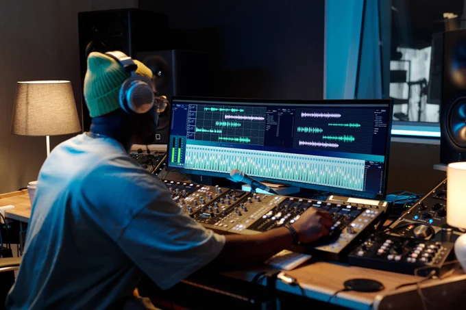 Producer edits music in front of a control board and screen.