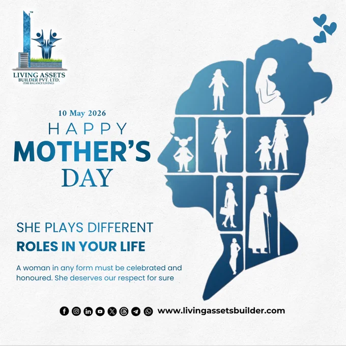 Mother's Day post from Living Assets Builder showing a woman's silhouette with life stage icons inside. Blue gradient design with the message "She Plays Different Roles In Your Life." Brand logo and website visible.