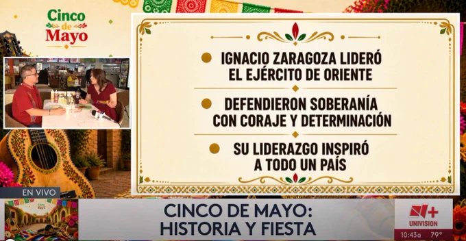 Television news screen with a festive Cinco de Mayo theme. On the right, a large cream-colored graphic with decorative borders displays Spanish text in bold letters: “Ignacio Zaragoza lideró el ejército de oriente,” “Defendieron soberanía con coraje y determinación,” and “Su liderazgo inspiró a todo un país.” On the left, a small inset video shows Dr. Xavier Medina Vidal and a reporter seated at a table during an interview inside a restaurant with customers in the background. Surrounding graphics include colorful papel picado banners, a painted guitar illustration, and floral elements. In the lower left corner, a label reads “En Vivo.” Along the bottom, a banner reads “Cinco de Mayo: Historia y Fiesta,” with a Univision “U ” logo and a timestamp and temperature displayed as “10:43a” and “79°.”