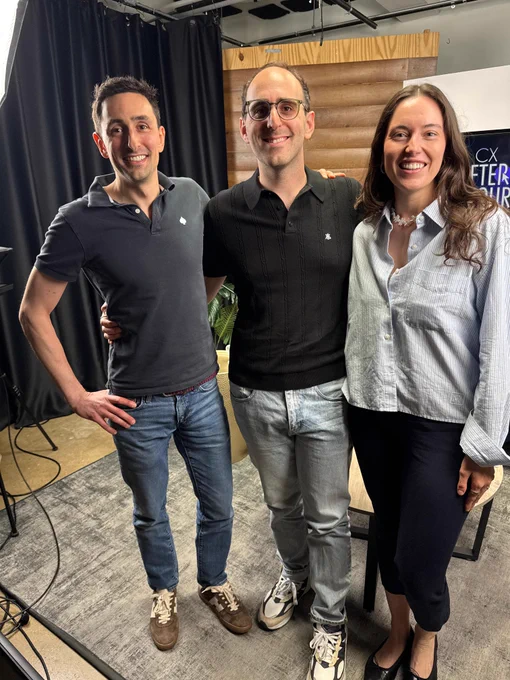 Guillaume Luccisano, Eli Weiss, and Anya Kelly recording a podcast episode in a New York studio.