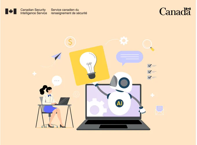 Laptop with an AI robot coming out of the screen with a light bulb and a woman at an office desk.