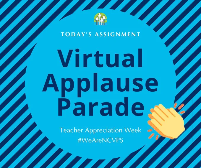 

Graphic with blue diagonal stripes promoting "Today's Assignment: Virtual Applause Parade" for Teacher Appreciation Week with a clapping hands icon. 
