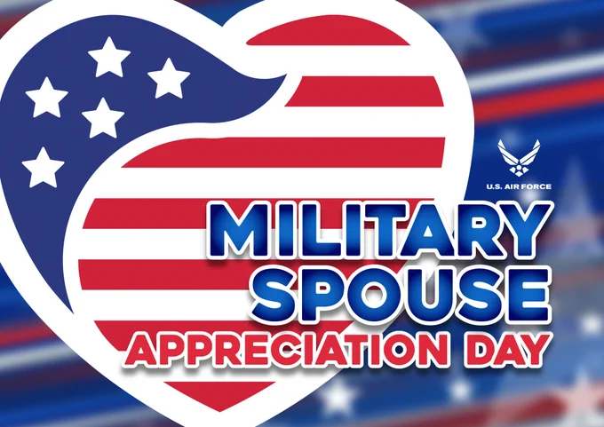 Heart-shaped American flag with stars and stripes alongside bold text honoring Military Spouse Appreciation Day.