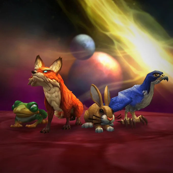 In the image are four animals; from left to right, the creatures are as follows:\n\n- A short green and yellow frog\n- A reddish-orange fox\n- A brown and white rabbit\n- A blue hawk\n\nThe creatures are all looking in different directions. Most importantly, they are all posing with incredible star-like quality. In the background is a starry backdrop with a big green light and two planets. 