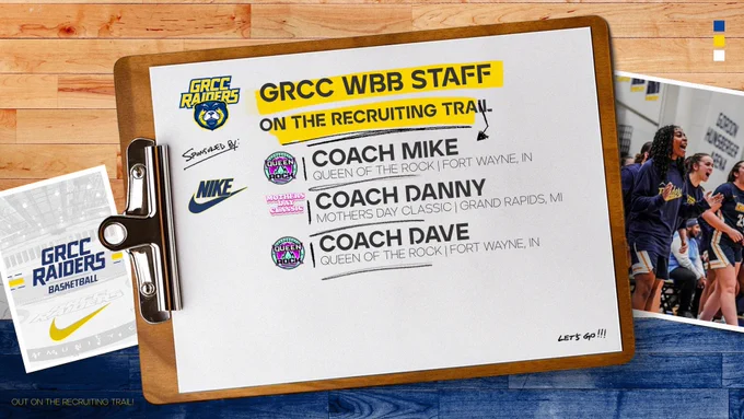 Graphic listing the two AAU events the GRCC Women’s Basketball Staff will be attending on 05-09-2026.