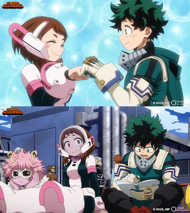 Two images of Izuku and Ochaco from My Hero Academia Season 5. The top image features them smiling as they fistbump, and the air sparkles around them. The bottom image features  Izuku and Ochaco sitting beside each other. Ochaco glances to her side at Izuku, hunched over, writing in a notebook.