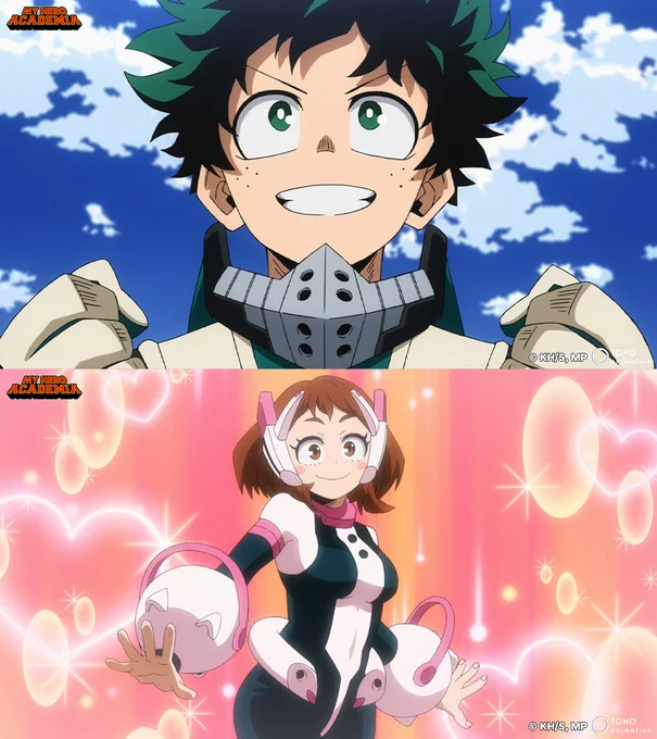 Two images from My Hero Academia Season 5. The top image features a close-up of Izuku with a determined look on his face, and a fair-weather sky behind him. The bottom image features a close-up of Ochaco smiling and posing with her arms out, and the air around her is filled with sparkles and hearts.