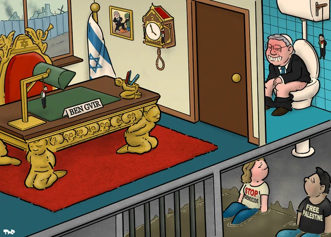 Cartoon showing an ornate office with a golden desk. The legs of the desk are kneeling prisoners, while a small statuette of a kneeling prisoner on the desk is a pen holder. A large Israeli flag stands in the corner, and through the window we see a wall with the ruins of Gaza behind it. Next to the office is a toilet, where we seen Ben Gvir taking a dump. A pipe connects the toilet with a prison cell below, where two prisoners, wearing shirts with the texts 'Free Palestine' and  'Stop genocide', are sitting in a pool of shit.