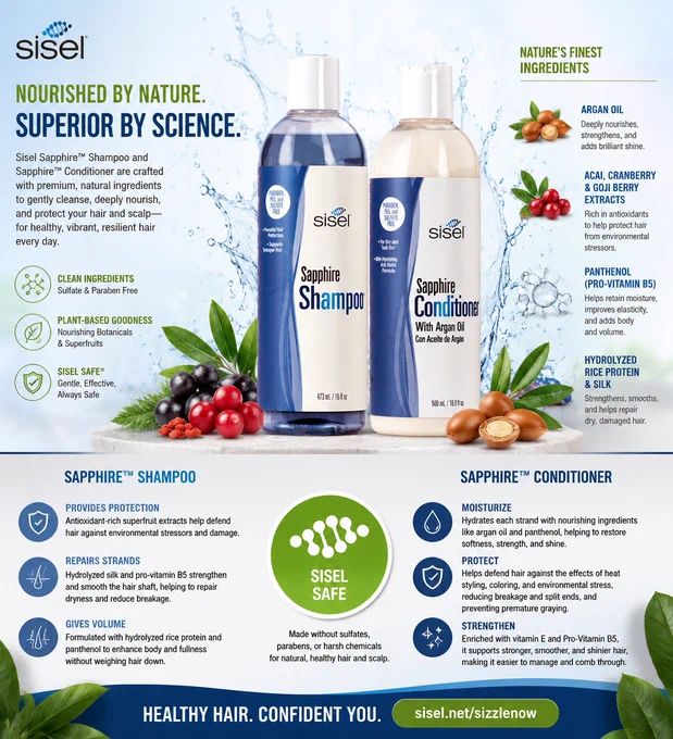 Sisel Sapphire Shampoo & Conditioner. Crafted with natures finest ingredients to gently cleanse, deeply nourish, and protect your hair and scalp. Plant-based hair care free of sulfates or parabens. 
Shop Clean Label Health and Wellness https://sisel.net/sizzlenow/products?categoryname=personalcare