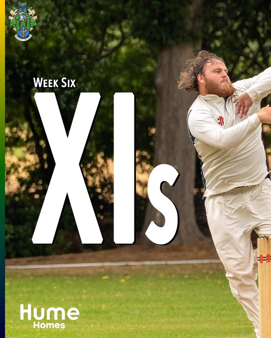 Halstead Cricket Club Week Six XIs announcement cover card. A bowler with curly hair in full delivery stride, stumps visible bottom right. Large white text reads "Week Six XIs". The HCC coat of arms appears top left and the Hume Homes sponsor logo sits bottom left. A green, yellow and navy stripe runs down the left edge.