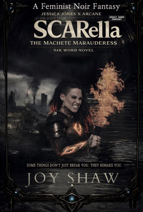 Dark fantasy poster featuring a scarred armored vigilante standing in a flooded tunnel, gripping a flaming machete. A glowing sigil appears on her chest and along her arm. Title reads SCARELLA: THE MACHETE MARAUDERESS with the tagline: “Some things don’t just break you. They remake you.”