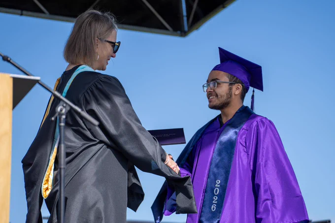 Graduates from St. Vrain Virtual High School celebrate during commencement ceremonies Friday morning, May 22, 2026, at Silver Creek High School in Longmont. Students, families, and staff gathered to honor the Class of 2026 and recognize the dedication and perseverance that led to graduation.