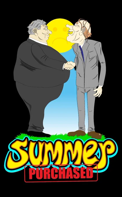 Cartoon illustration of two elderly politicians in suits shaking hands against a bright blue sky and green grass background. On the left is a large, stout man in a dark grey suit, and on the right is a thin, balding man in a light grey suit. A large, yellow, sad emoji face resembles the sun behind them. Below, the stylized, vibrant yellow text reads "SUMMER," with a red stamp-style box underneath containing the word "PURCHASED."