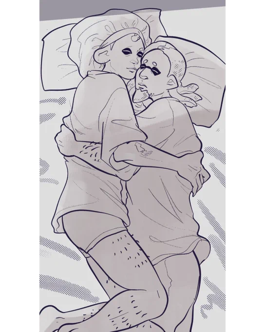 Realistic Warabi and Ikkan in sleep clothes cuddling in bed