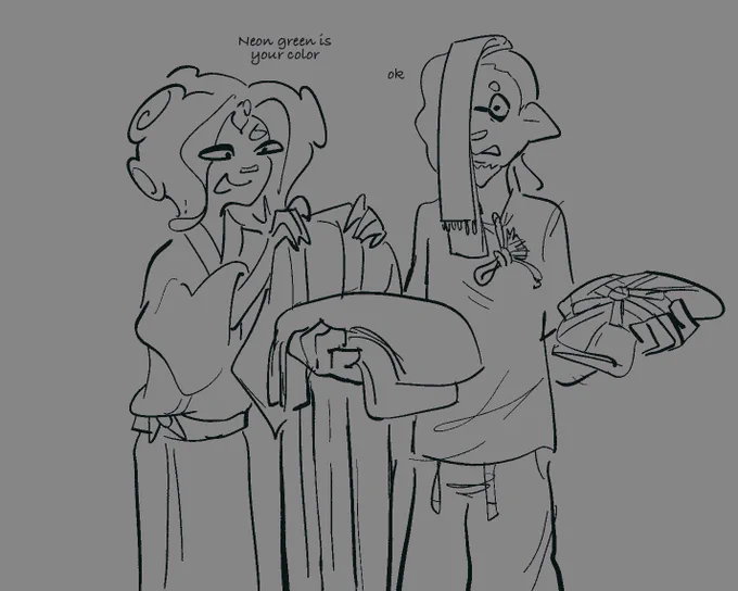 Warabi in kimono offering Ikkan some and suggesting he'd look good in neon green