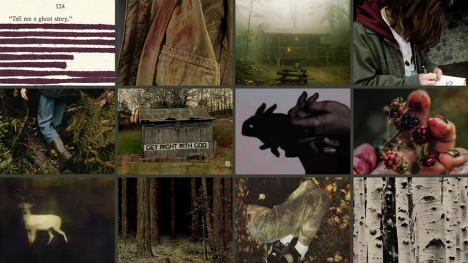 moodboard featuring mountains, eery woods, and trees