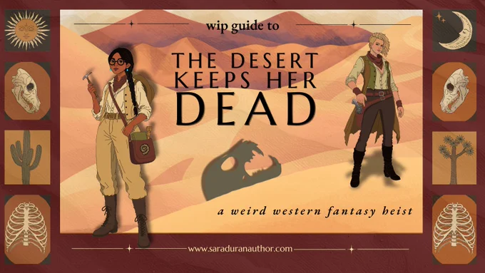 WIP guide to The Desert Keeps Her Dead, a weird western fantasy heist. Website: www.saraduranauthor.com.