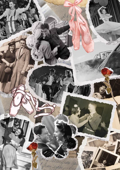 A collage of WWII photos, featuring romantic couples, and old photographs, letters, roses, and ballet shoes.