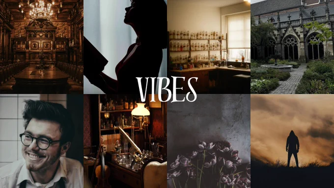 Vibes: gothic mansion, lab, books, academia, roses, dark figure