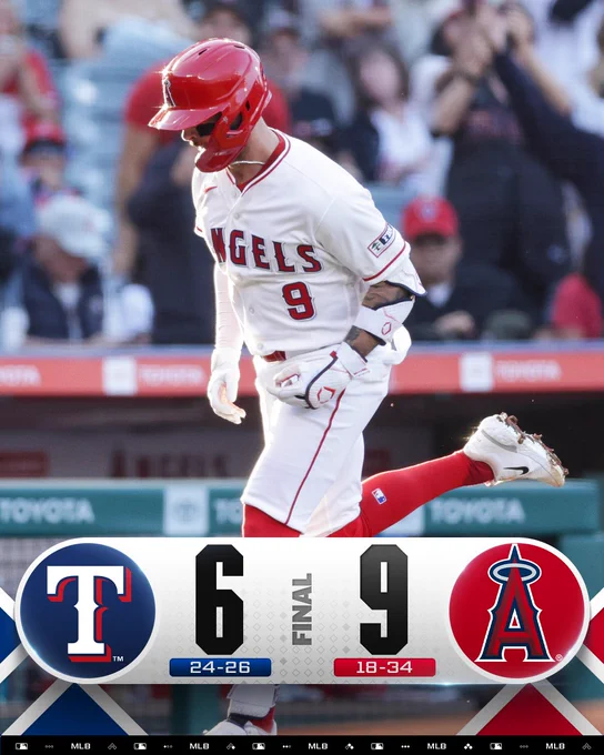 Final Score Graphic: 5/22/26
Texas Rangers 6 (24-26), Los Angeles Angels 9 (18-34)
Pictured: Zach Neto rounds third after hitting a home run. He wears a white Angels uniform with red and white lettering.