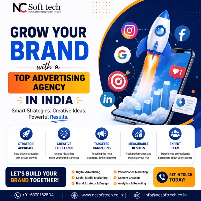 🚀 Transform Your Brand with India’s Leading Advertising Experts!
Top Advertising Agency in India
Why Choose NCSofttech for Digital Growth, Branding & Business Success?

🌟 Build a Powerful Brand Presence
📈 Drive More Leads, Sales & Customer Engagement
🎯 Result-Oriented Digital Marketing Strategies
🎨 Creative Branding & High-Impact Advertising Campaigns
💻 Expertise in Social Media, SEO, PPC & Website Promotion
📱 Innovative Content & Performance Marketing Solutions

What Makes NCSofttech Different?

✅ Creative & Experienced Marketing Team
✅ Customized Business Growth Strategies
✅ Affordable & Scalable Advertising Solutions
✅ Trusted by Startups, Clinics, Educational Institutes & Businesses
✅ Focused on ROI, Visibility & Long-Term Success

🔥 Whether You Want More Reach, Better Branding, or Higher Conversions — We Help Your Business Grow Faster!

📞 Partner with NCSofttech Today
🌐 Take Your Brand to the Next Level with Smart Digital Advertising Solutions

#NCSofttech #DigitalMarket