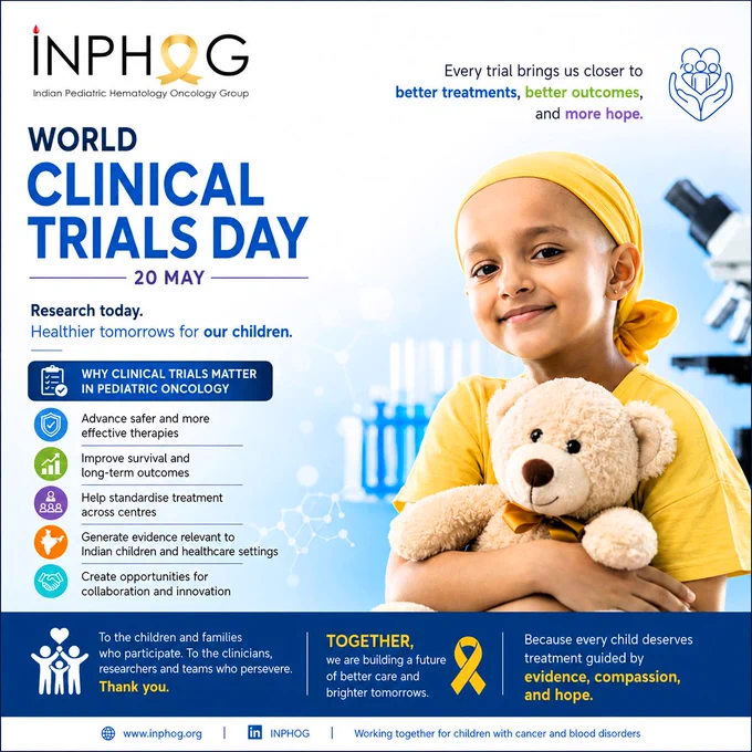 On World Clinical Trials Day, we recognise the power of clinical research in transforming outcomes for children with cancer and blood disorders. At INPHOG, clinical trials are pathways to safer treatments, better survival, and improved quality of life for children across India. Every protocol, every data point, and every collaboration contributes to building evidence-based pediatric hematology-oncology care that is accessible, ethical, and impactful.

Over the years, INPHOG’s multicentric collaborative research efforts have helped strengthen clinical research culture across India, bringing together clinicians, researchers, institutions, and families with one shared goal of improving the lives of children fighting cancer and blood disorders. Today, we also acknowledge the courage of patients and families who participate in clinical research, and the dedication of healthcare professionals, researchers, data managers, and collaborators who make these advances possible.

