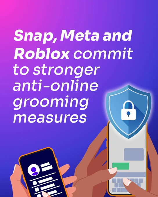 Hands holding smartphones with a shield and lock icon, highlighting Snap, Meta, and Roblox's pledge to enhance anti-online grooming protections.