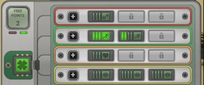Retro-tech talent upgrade panel from EXITRUN showing four color-coded rows of unlockable sections, upgrade modules, and a side module with free points and an inserted unlock chip.